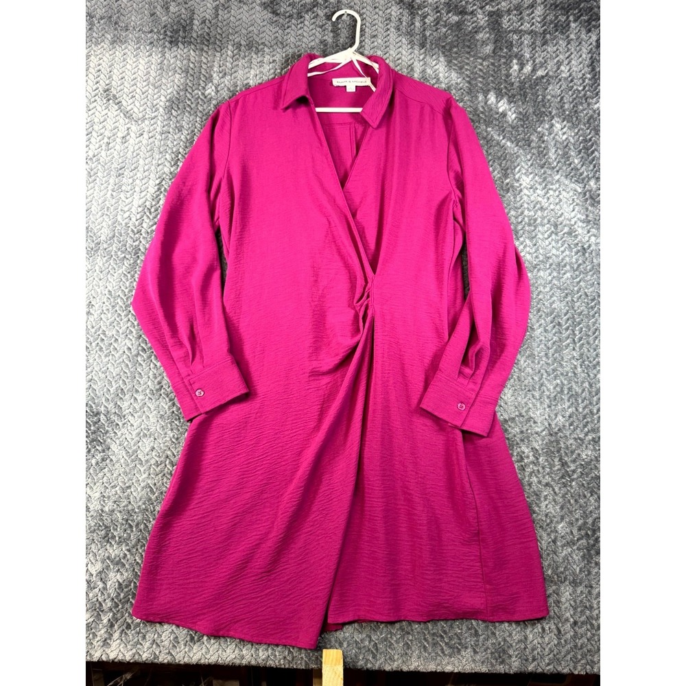 Emma & Michele Midi Shirt Dress Womens Large Pink Long Sleeves Comfort Button Up